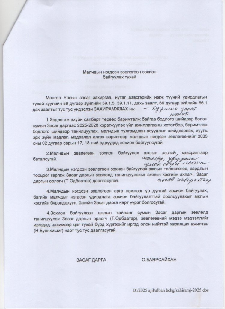 МАЛЧДЫН НЭГДСЭН ЗӨВЛӨГӨӨН ЗОХИОН БАЙГУУЛАХ ТУХАЙ.