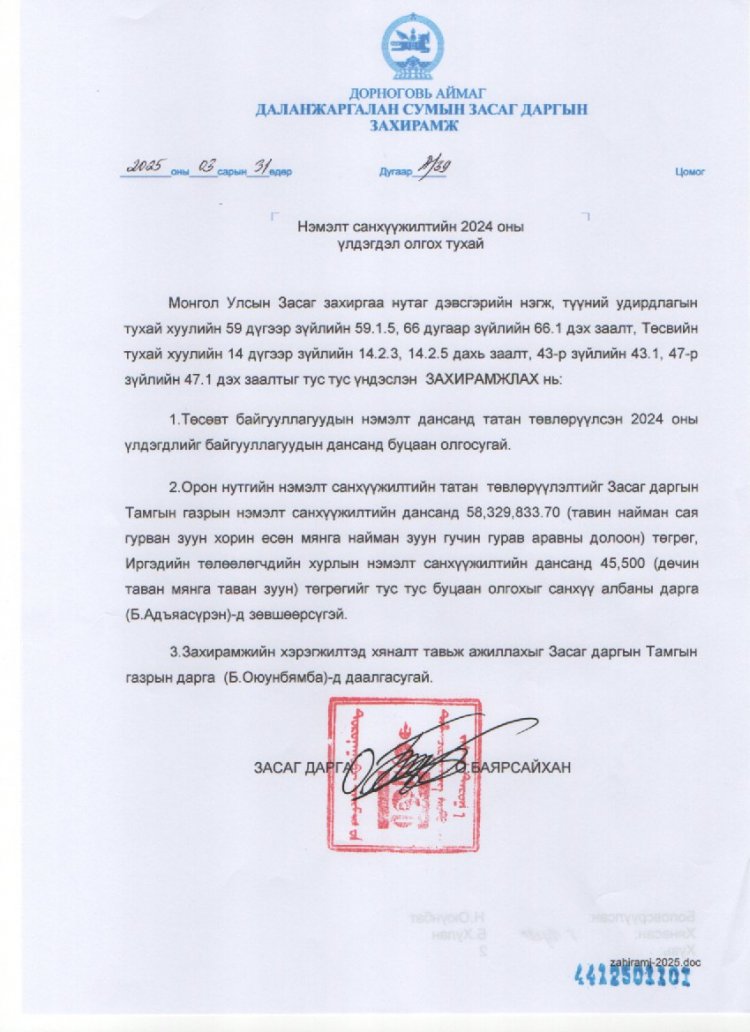 НЭМЭЛТ САНХҮҮЖИЛТИЙН 2024 ОНЫ ҮЛДЭГДЭЛ ОЛГОХ ТУХАЙ