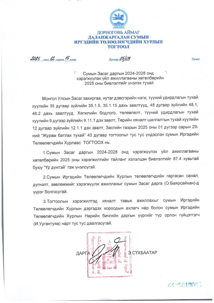 ДАЛАНЖАРГАЛАН СУМЫН ИРГЭДИЙН ТӨЛӨӨЛӨГЧДИЙН ХУРЛЫН ТОГТООЛ