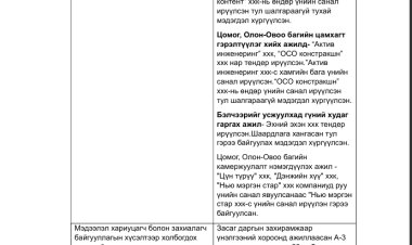 Тендерт шалгарсан болон шалгараагүй оролцогчийн талаарх товч мэдээлэл, шалгарсан болон шалгараагүй хуулийн үндэслэл, шалтгаан